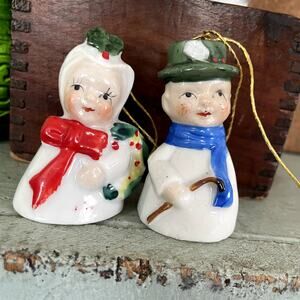 Vintage Hand Painted Porcelain Bell Ornaments Commodore Christmas Couple PAIR